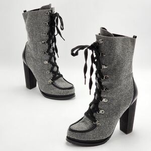 Charles David Torch Felt Grey Burnished Calf Heeled Lace Up Boots Size 7.5